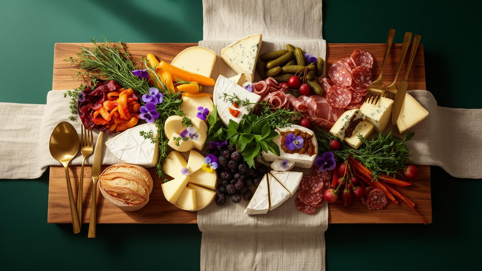 Käsin viimeistelty catering-pöytä juustoineen, leikkeleineen ja yrtteineen